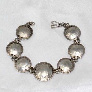 1929 Great Britain Shilling Coin & 6 Pence Coin Link Bracelet 7.5”